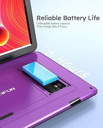 17.5" Portable DVD Player with 15.6" Large HD Screen, 6 Hours Rechargeable Battery, Support USB/SD Card/Sync TV and Multiple Disc Formats, High Volume Speaker, Purple