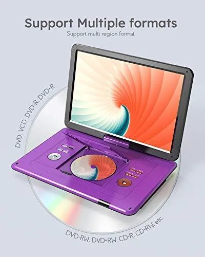 17.5" Portable DVD Player with 15.6" Large HD Screen, 6 Hours Rechargeable Battery, Support USB/SD Card/Sync TV and Multiple Disc Formats, High Volume Speaker, Purple