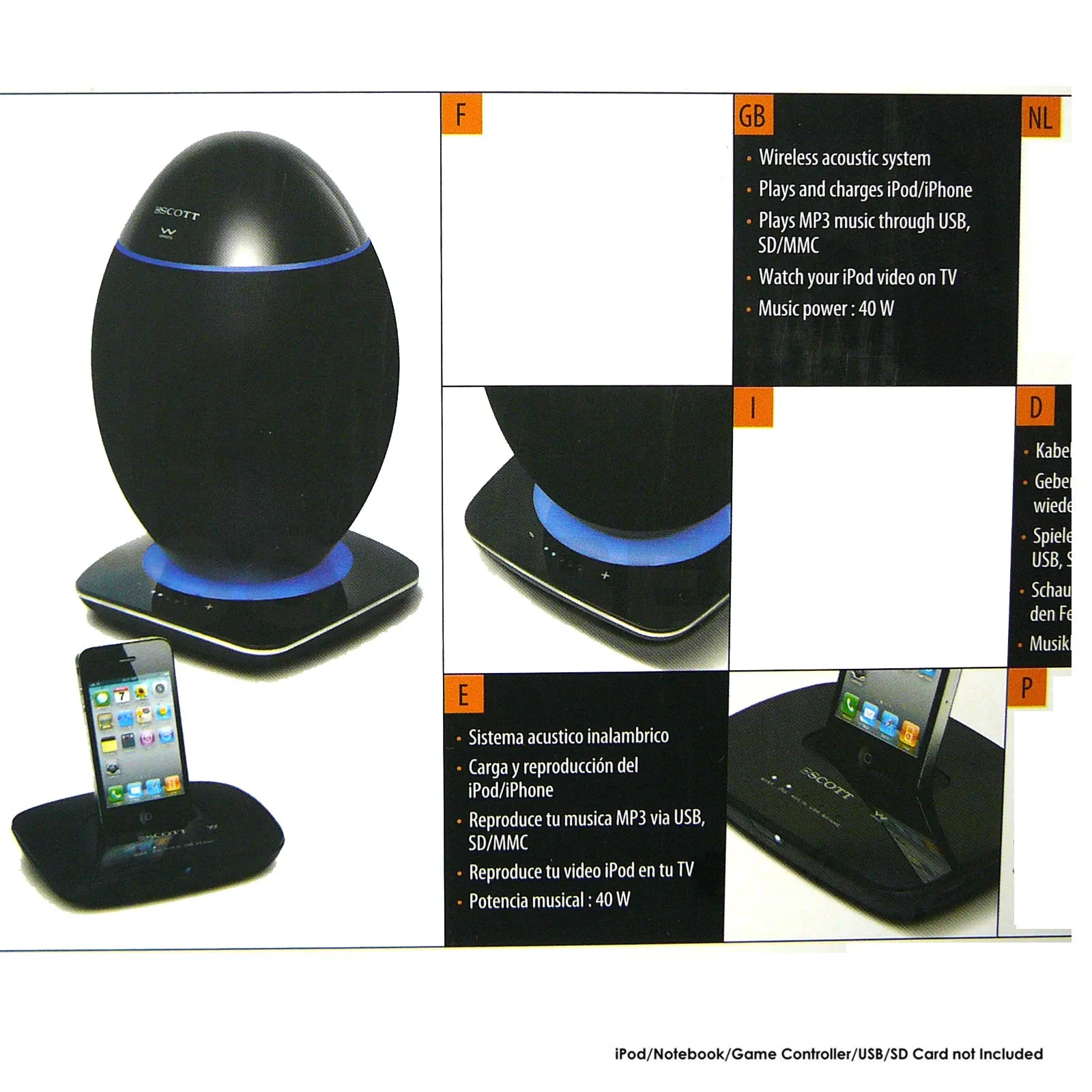 2.4Ghz Wireless Ove Speaker System USB SD Bluetooth 20W RMS