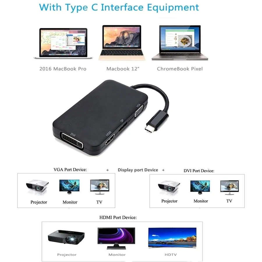 4XEM 4 in 1 USB Type C Hub To HDMI DVI VGA DP Adapter 4XUSBC4N1ADAPT