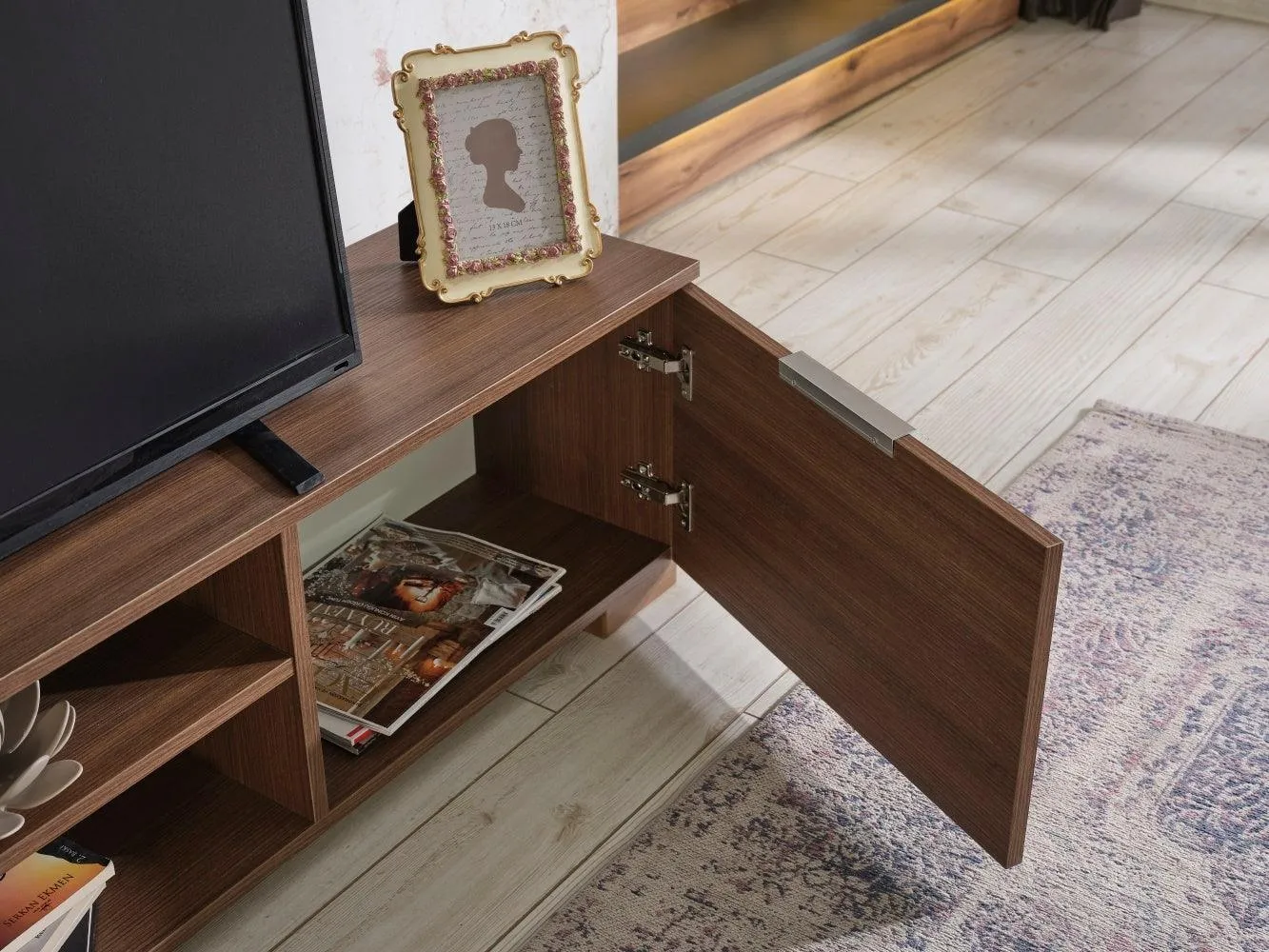 66" April Mid-Century TV Stand, 2 Doors, 2 Shelves, Walnut