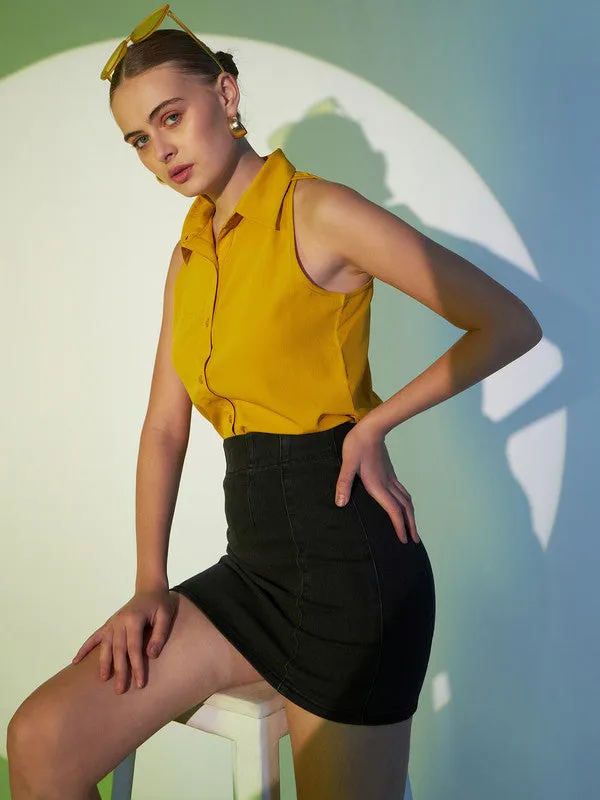 Berrylush Women Solid Yellow Spread Collar Neck Sleeveless Button-Up Curved Hem Regular Shirt