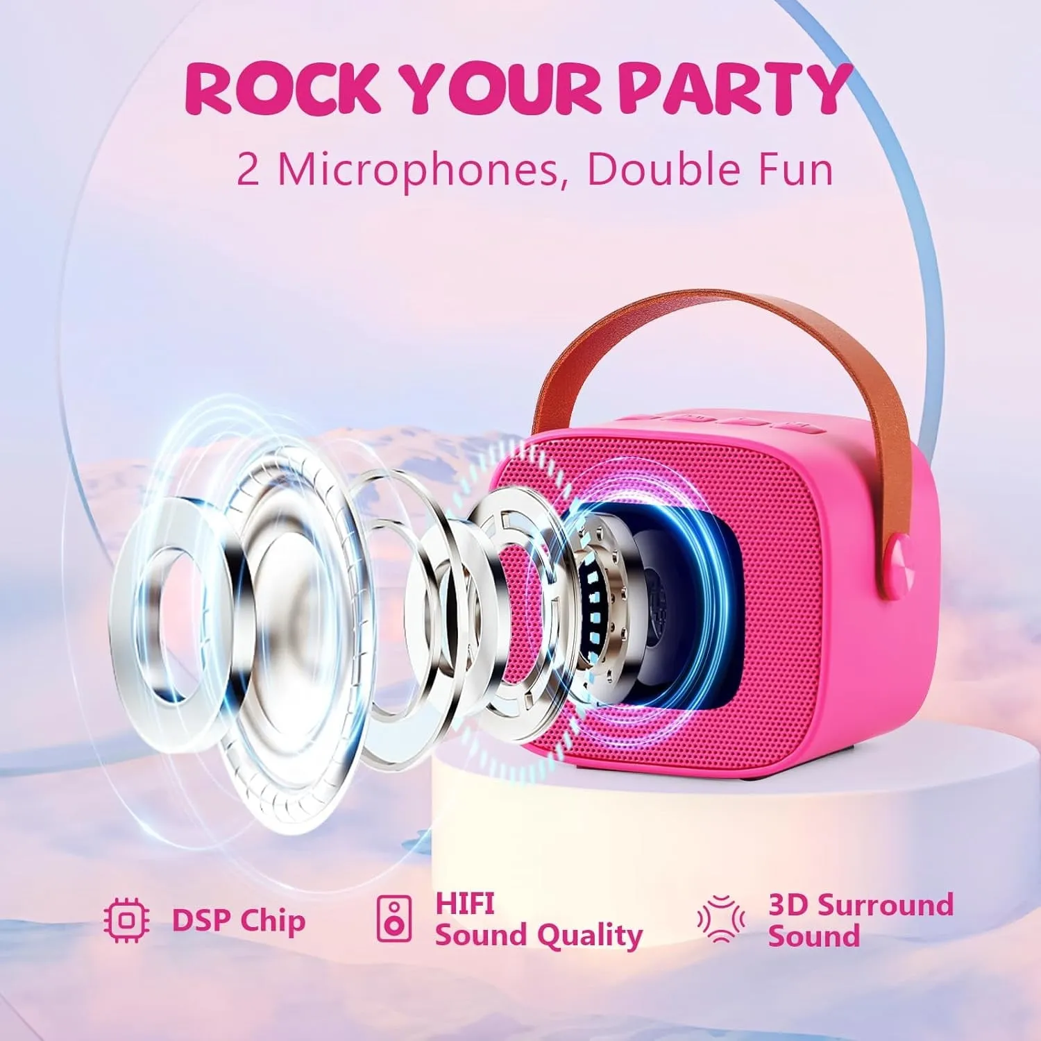 BONAOK Mini Karaoke Machine for Kids Adults, Portable Bluetooth Speaker with 2 Wireless Microphone, Karaoke Singing Gifts Toys (Pink)