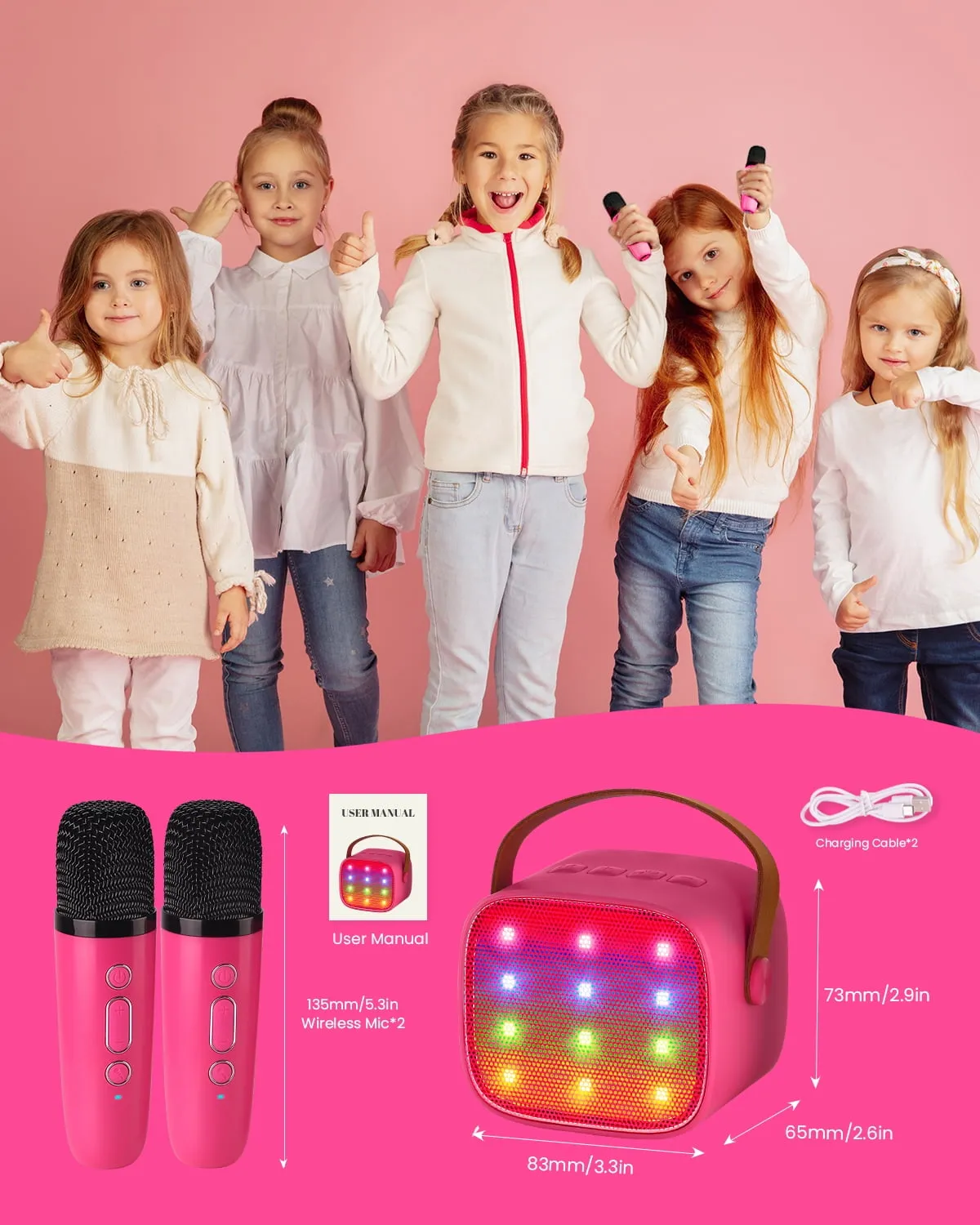 BONAOK Mini Karaoke Machine for Kids Adults, Portable Bluetooth Speaker with 2 Wireless Microphone, Karaoke Singing Gifts Toys (Pink)