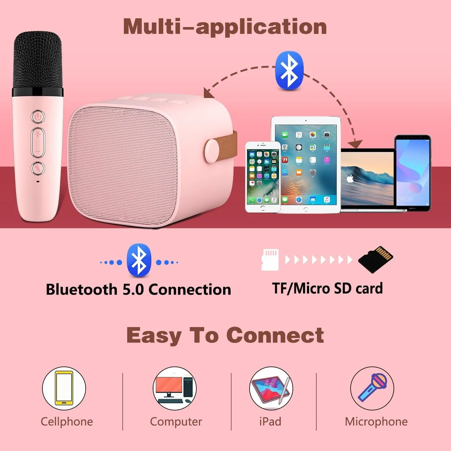 BONAOK Mini Karaoke Machine for Kids Adults, Portable Bluetooth Speaker with 2 Wireless Microphone, Karaoke Singing Gifts Toys (Pink)