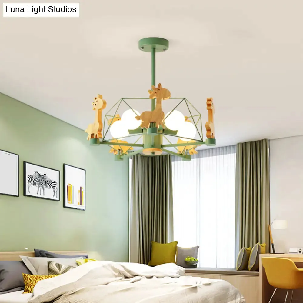 Cartoon Giraffe Kindergarten Ceiling Light: Wooden Hanging Chandelier with Wire Cage