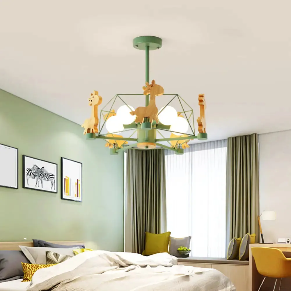 Cartoon Giraffe Kindergarten Ceiling Light: Wooden Hanging Chandelier with Wire Cage