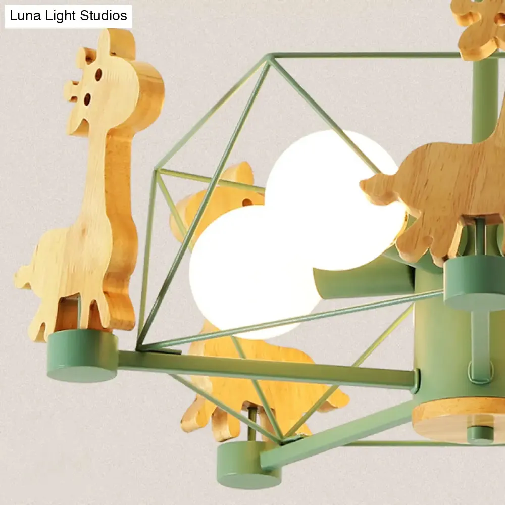 Cartoon Giraffe Kindergarten Ceiling Light: Wooden Hanging Chandelier with Wire Cage