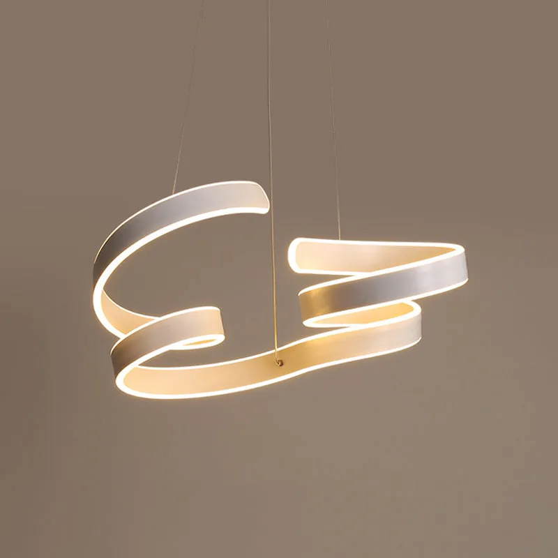 Coiled Aluminum LED Chandelier Pendant Light - Minimalist White Design, Warm/White Light for Dining Table