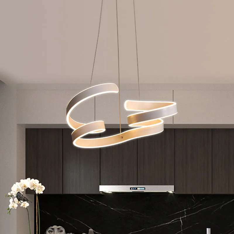 Coiled Aluminum LED Chandelier Pendant Light - Minimalist White Design, Warm/White Light for Dining Table
