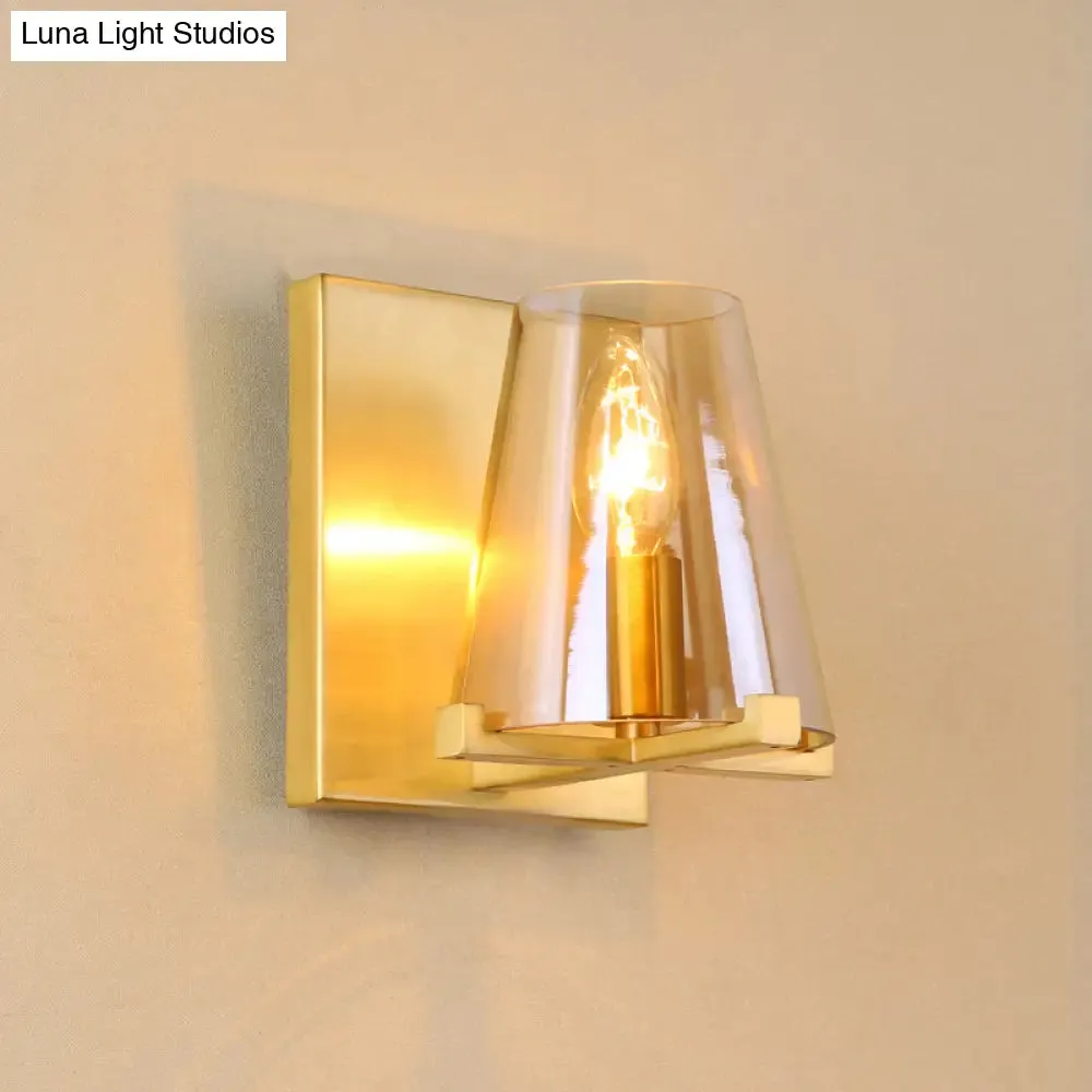 Contemporary Indoor Brass Wall Sconce with Glass Shade - Single Light Wall Mount Lamp for Living Room
