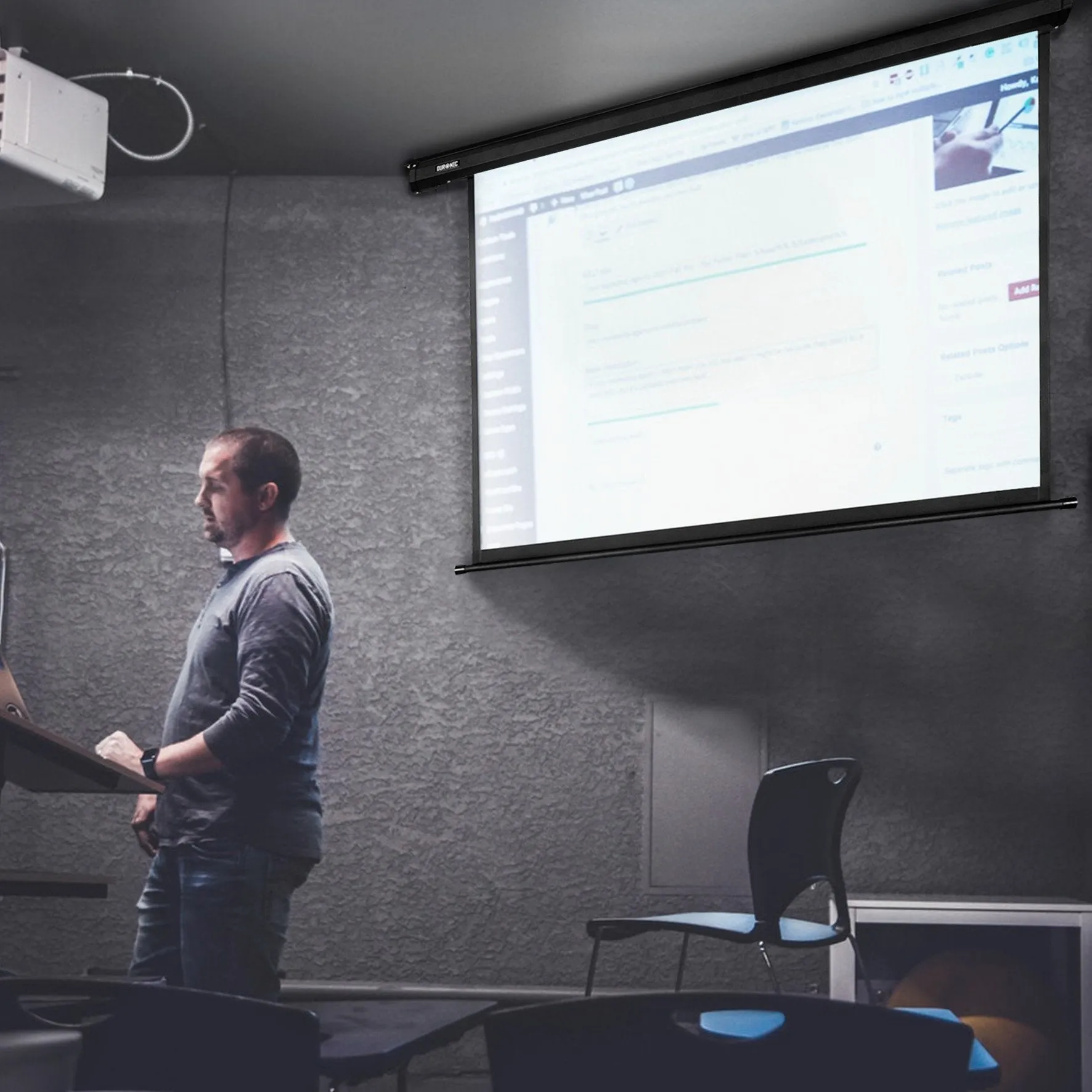 Duronic Electric 60” Projector Screen EPS60 /43 | Screen Size: 122x91cm / 91x48” | 4:3 Ratio | Matt White  1 Gain | HD High Definition | Motorised Switch Control | Home Cinema, School, Office