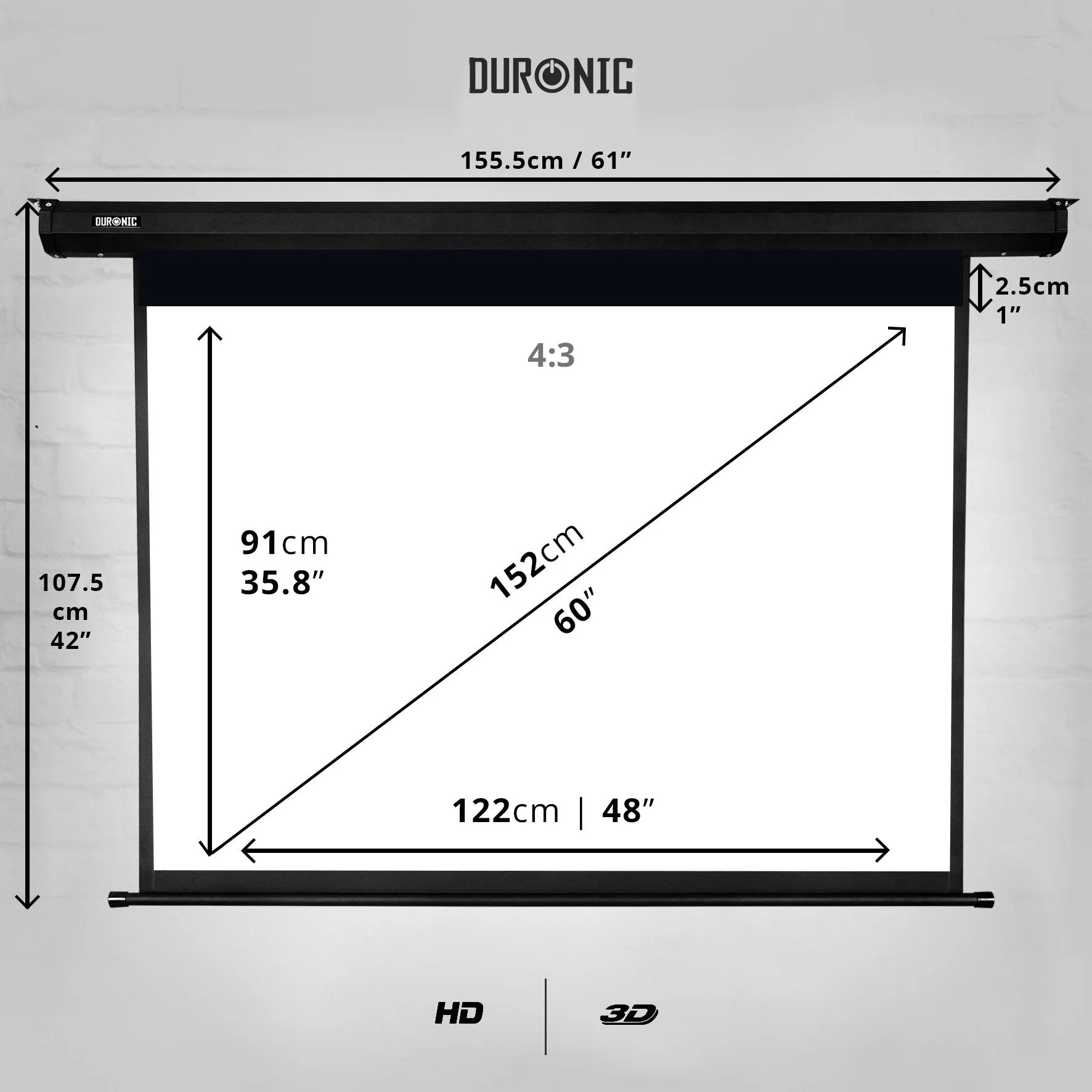 Duronic Electric 60” Projector Screen EPS60 /43 | Screen Size: 122x91cm / 91x48” | 4:3 Ratio | Matt White  1 Gain | HD High Definition | Motorised Switch Control | Home Cinema, School, Office