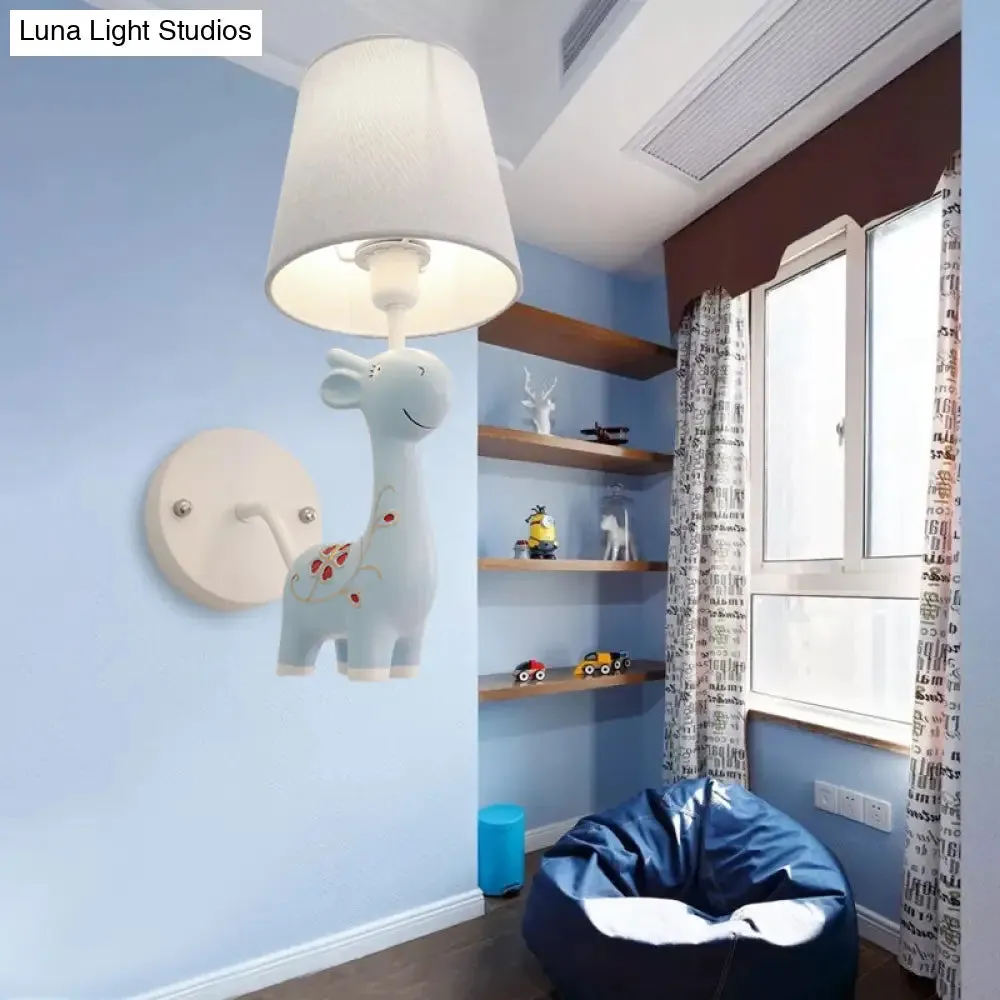 Giraffe Wall Light with Fabric Shade - Animal Themed Resin Sconce for Kid's Bedroom or Kindergarten