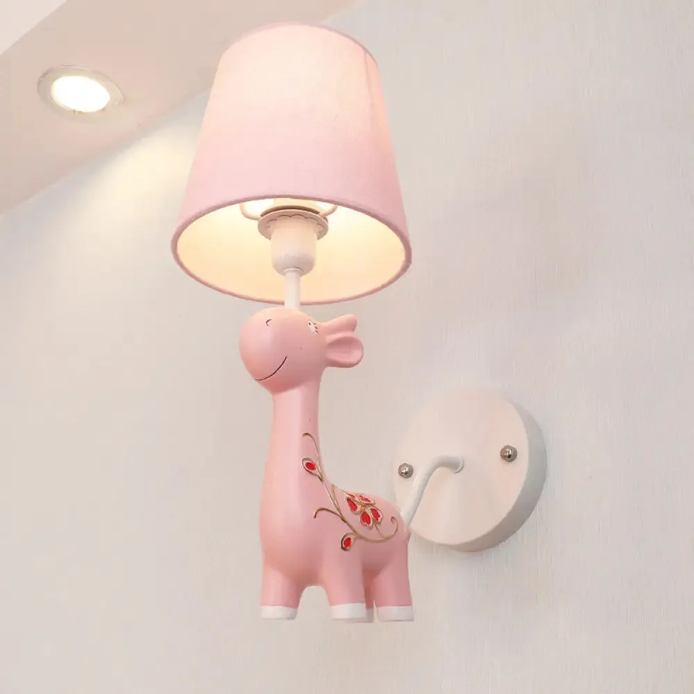 Giraffe Wall Light with Fabric Shade - Animal Themed Resin Sconce for Kid's Bedroom or Kindergarten