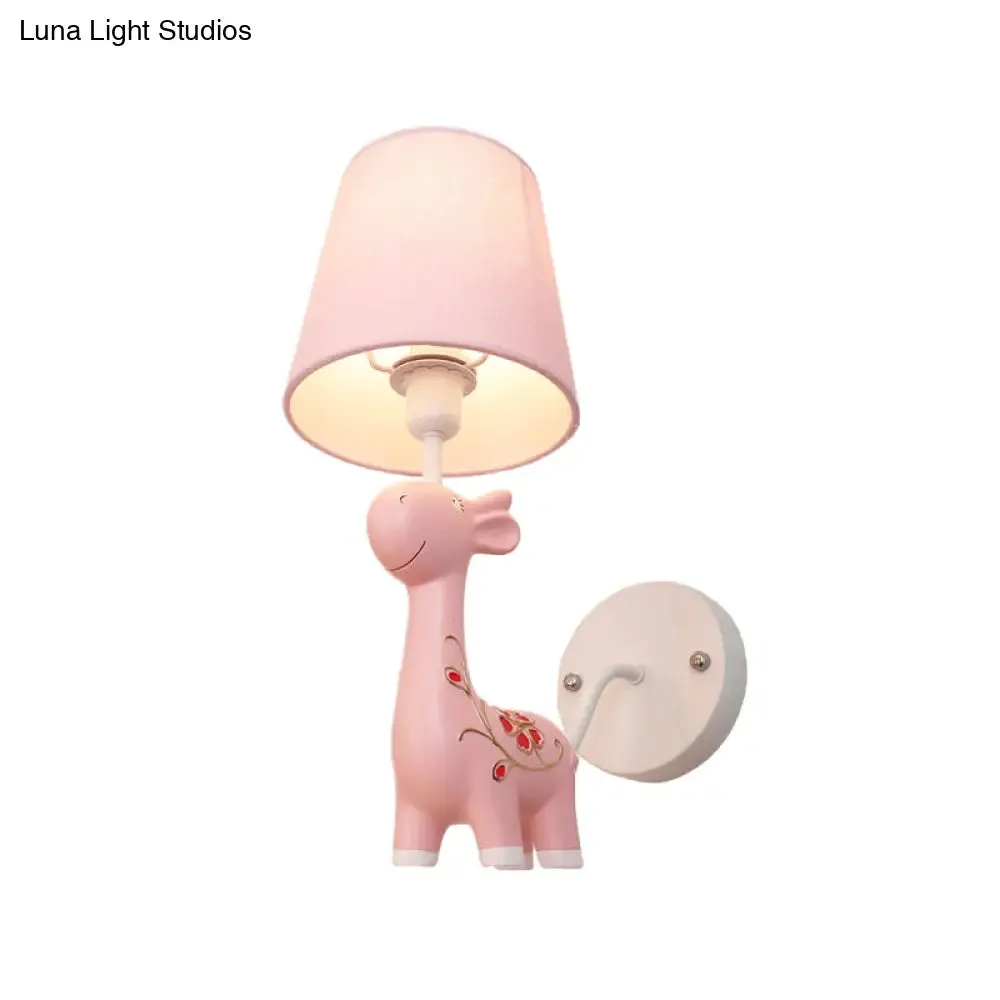 Giraffe Wall Light with Fabric Shade - Animal Themed Resin Sconce for Kid's Bedroom or Kindergarten