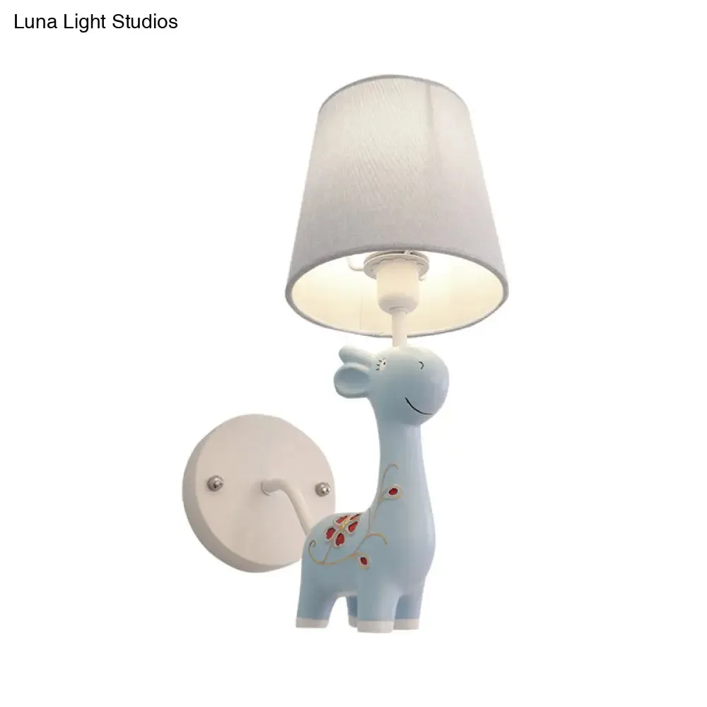 Giraffe Wall Light with Fabric Shade - Animal Themed Resin Sconce for Kid's Bedroom or Kindergarten