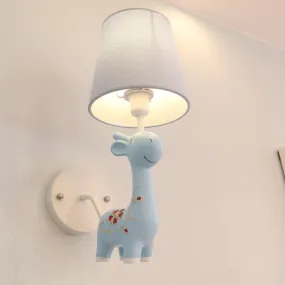 Giraffe Wall Light with Fabric Shade - Animal Themed Resin Sconce for Kid's Bedroom or Kindergarten