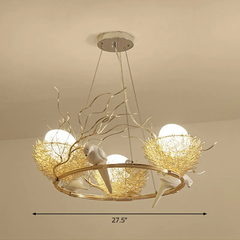 Gold Aluminum Bird Nest & Egg Chandelier Pendant Light for Artistic Dining Room DÃ©cor