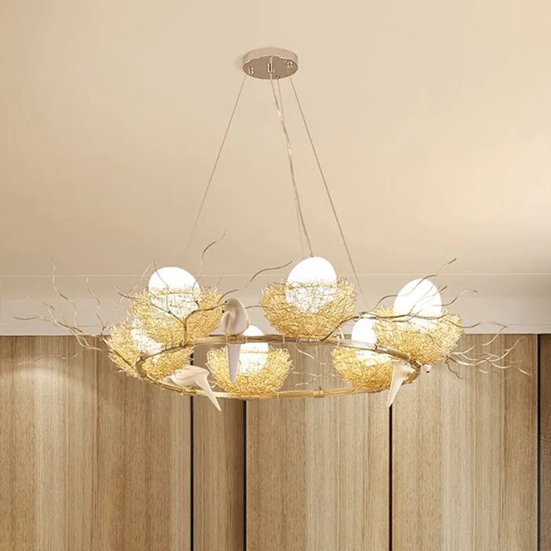 Gold Aluminum Bird Nest & Egg Chandelier Pendant Light for Artistic Dining Room DÃ©cor