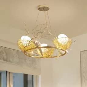Gold Aluminum Bird Nest & Egg Chandelier Pendant Light for Artistic Dining Room DÃ©cor