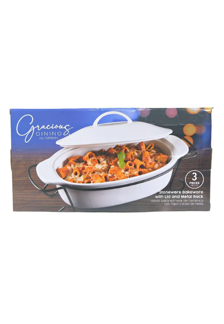 Gracious Dining by Gibson 3 Piece Stoneware Bakeware with Lid and Metal Rack