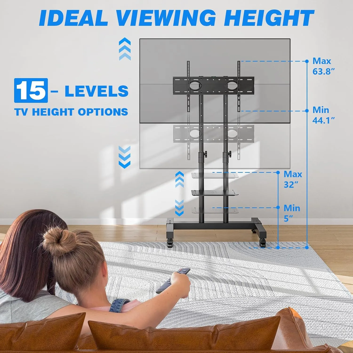 Height Adjustable Mobile TV Cart for 32-75 Inch Screens | Rolling TV Stand with Locking Wheels & Metal Shelf | Portable Floor Stand for Home I Office I Outdoor Use