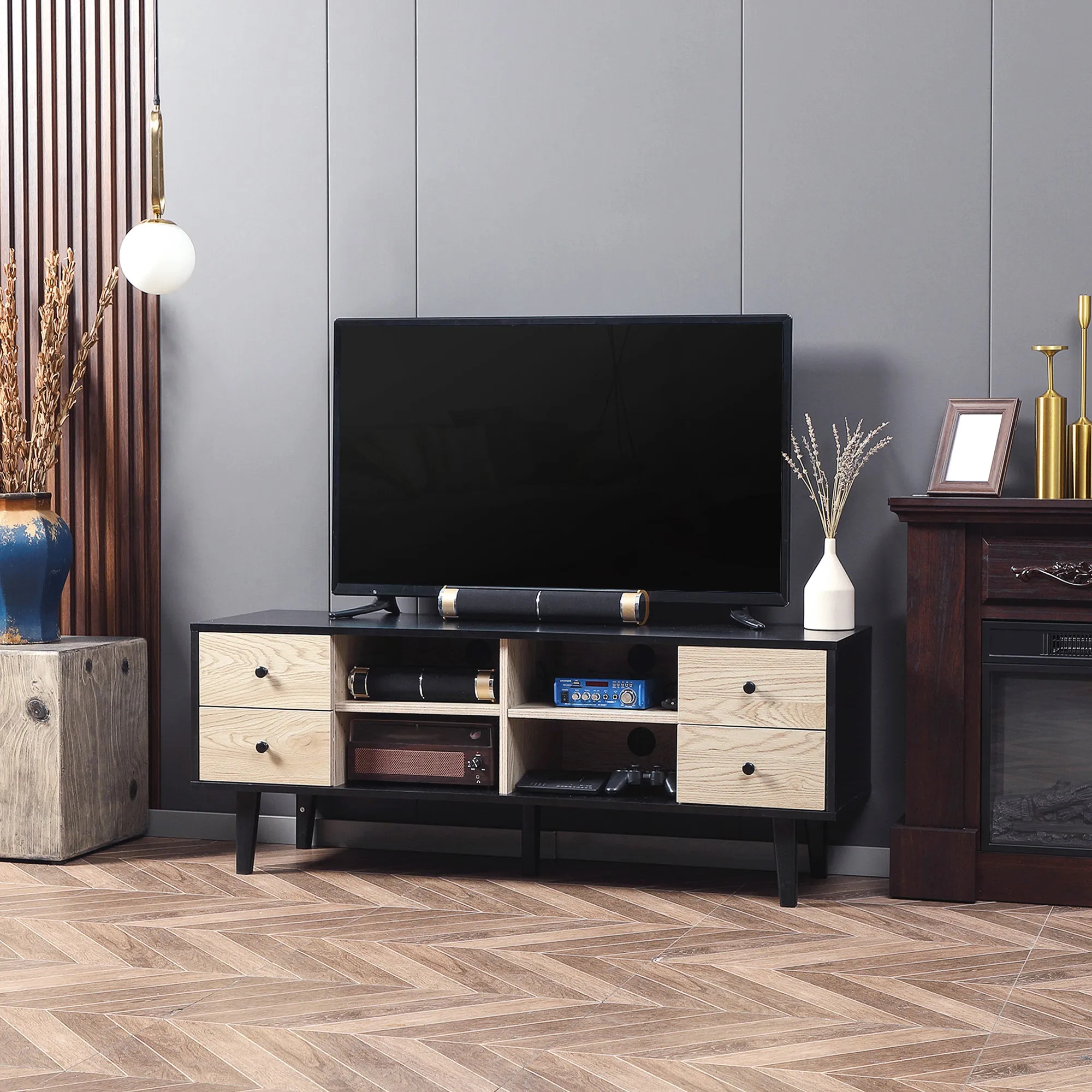 HOMCOM TV Unit Cabinet for TVs up to 60 Inches with Drawers Shelves, Grey