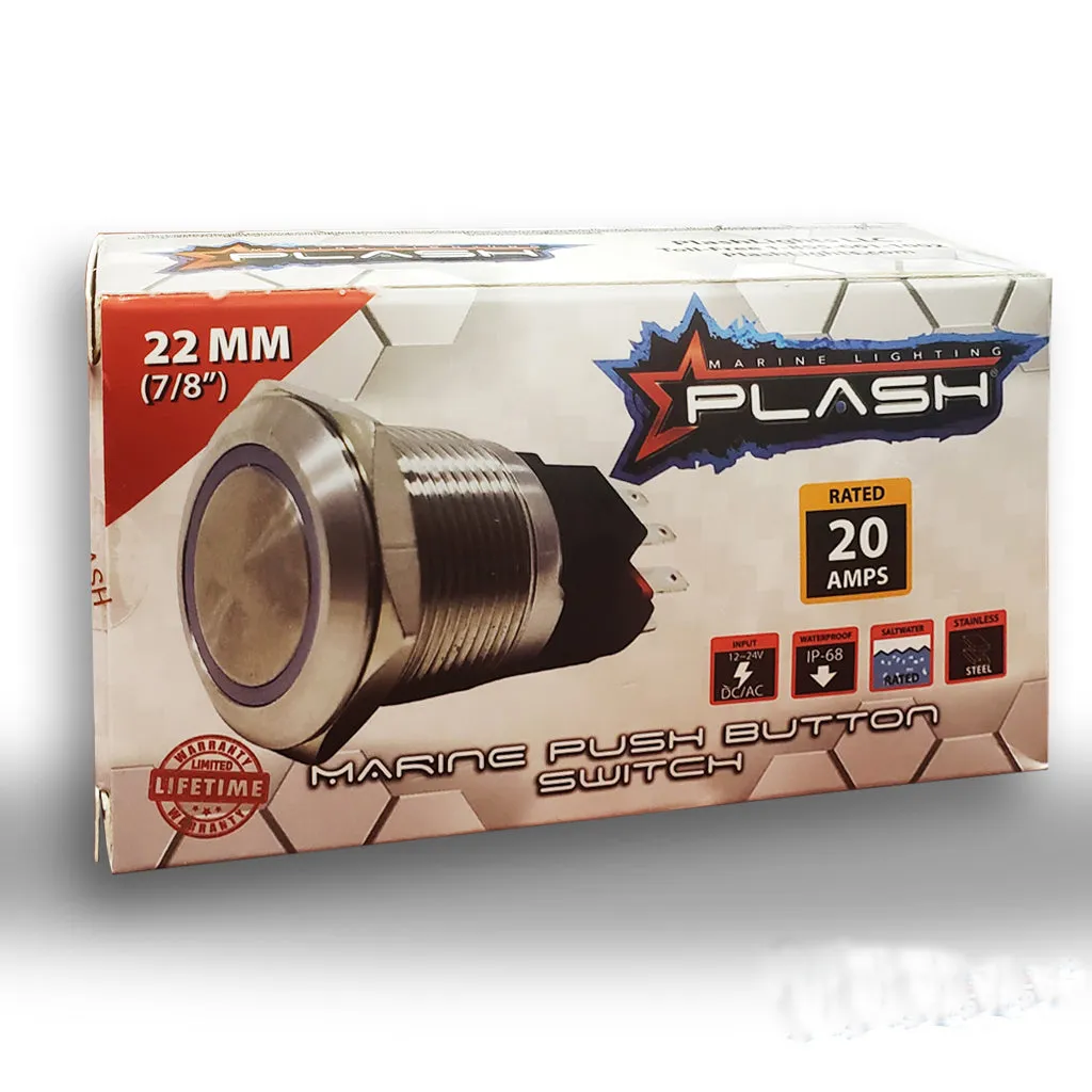 Marine Push Button Switch - Blue LED - 20A - Stainless Steel