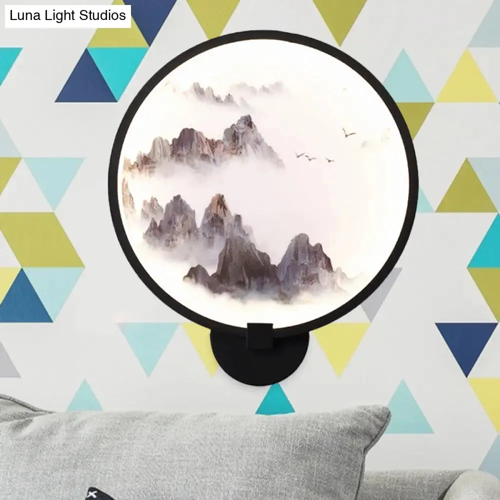 Metal Mural LED Hoop Wall Mount Lamp - Misty Mountain/Lake Design for Bedroom Decor - Asia Black