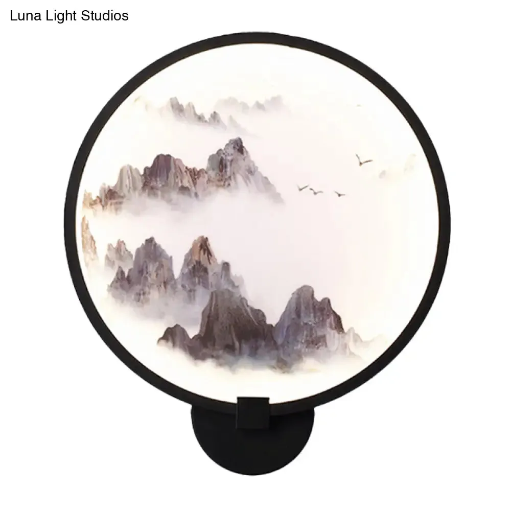 Metal Mural LED Hoop Wall Mount Lamp - Misty Mountain/Lake Design for Bedroom Decor - Asia Black