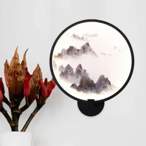 Metal Mural LED Hoop Wall Mount Lamp - Misty Mountain/Lake Design for Bedroom Decor - Asia Black