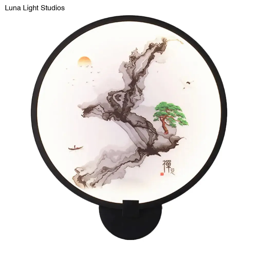 Metal Mural LED Hoop Wall Mount Lamp - Misty Mountain/Lake Design for Bedroom Decor - Asia Black