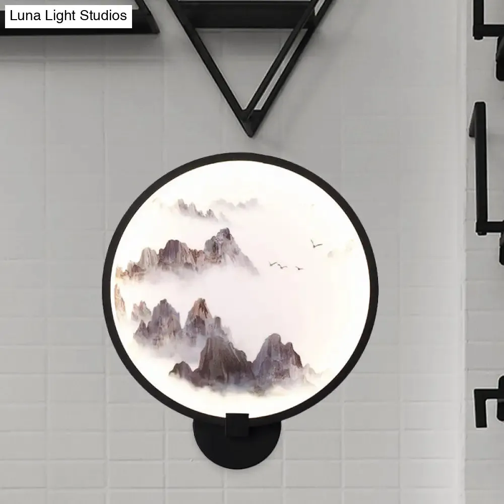 Metal Mural LED Hoop Wall Mount Lamp - Misty Mountain/Lake Design for Bedroom Decor - Asia Black