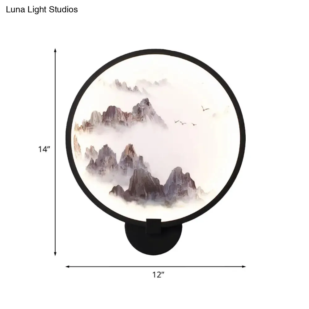 Metal Mural LED Hoop Wall Mount Lamp - Misty Mountain/Lake Design for Bedroom Decor - Asia Black