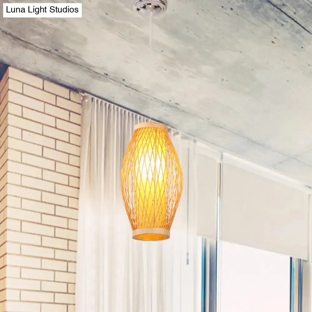 Modern Beige Cross Woven Pendant Hanging Light with Oval Shade - 1 Head Bamboo Pendant Lamp