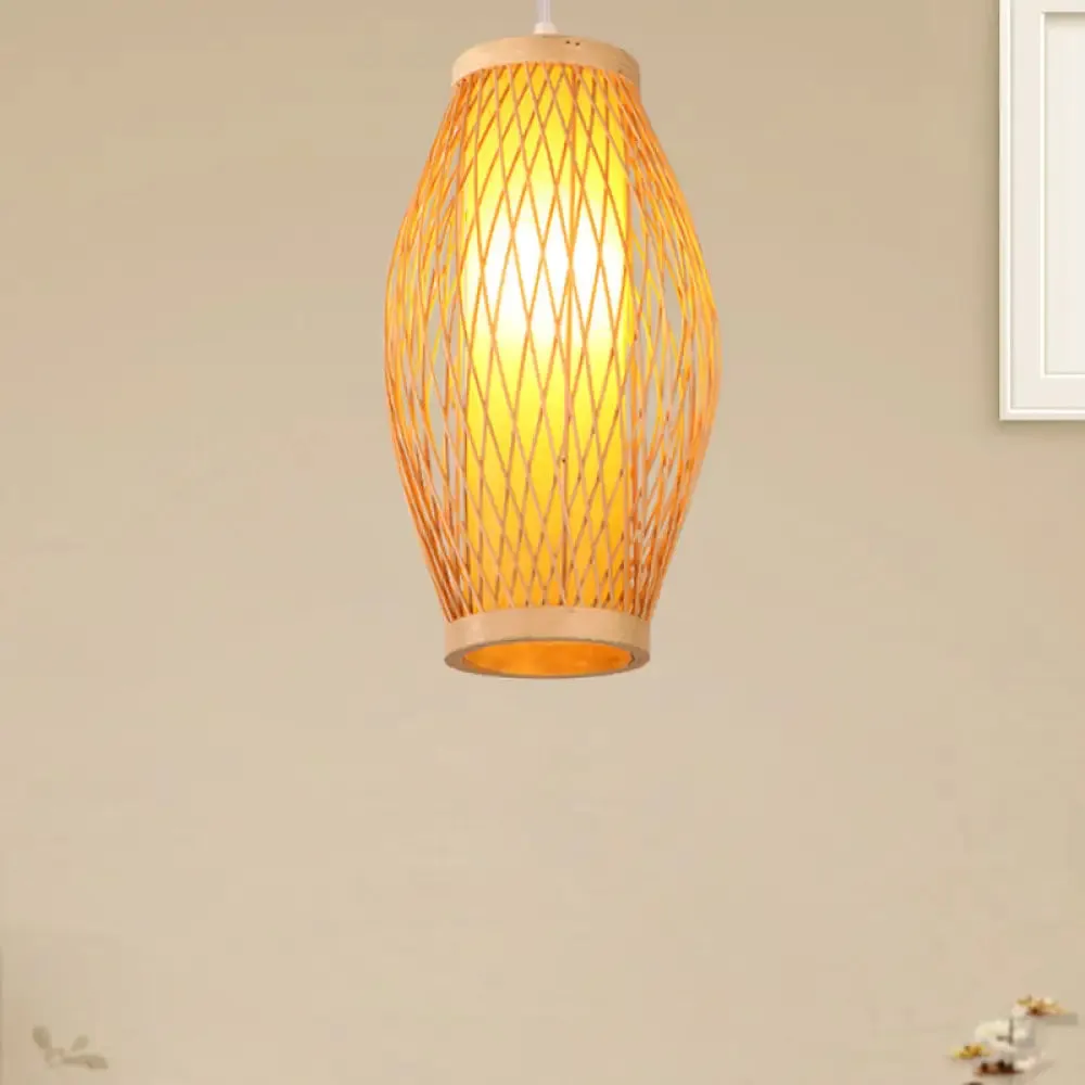 Modern Beige Cross Woven Pendant Hanging Light with Oval Shade - 1 Head Bamboo Pendant Lamp