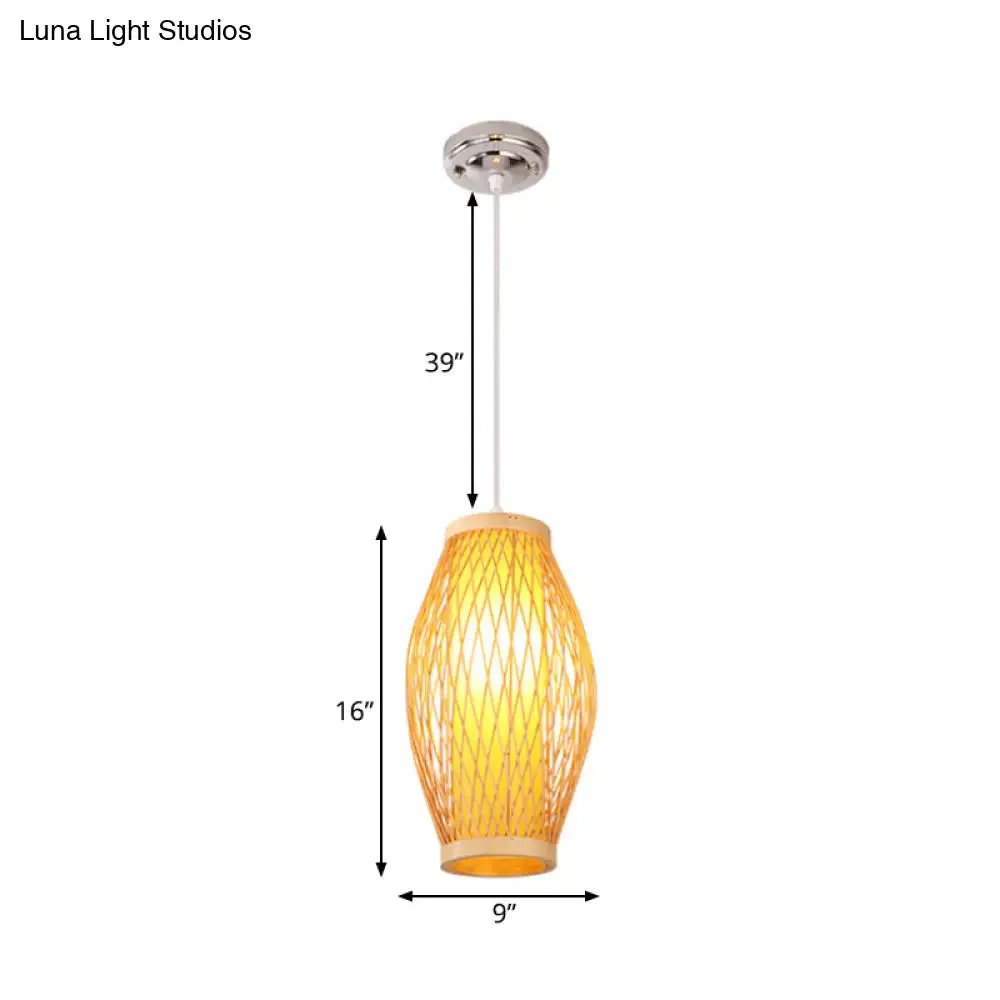 Modern Beige Cross Woven Pendant Hanging Light with Oval Shade - 1 Head Bamboo Pendant Lamp