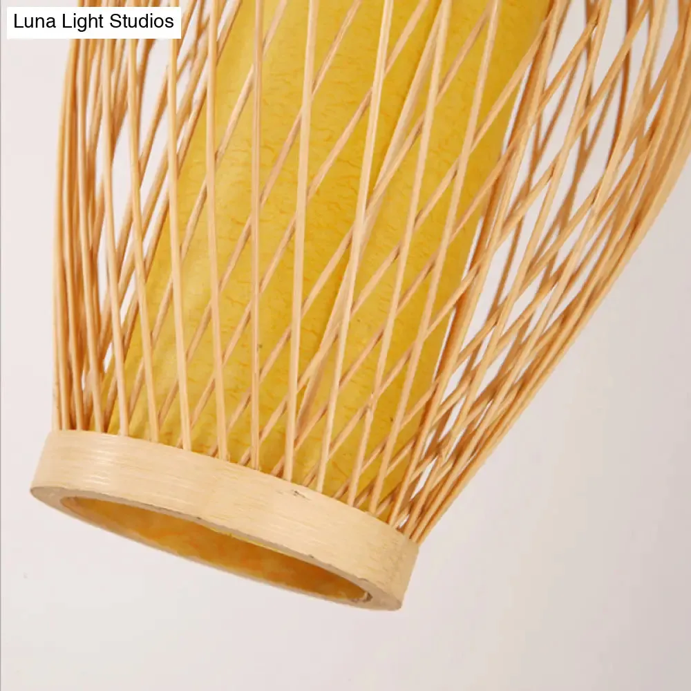 Modern Beige Cross Woven Pendant Hanging Light with Oval Shade - 1 Head Bamboo Pendant Lamp