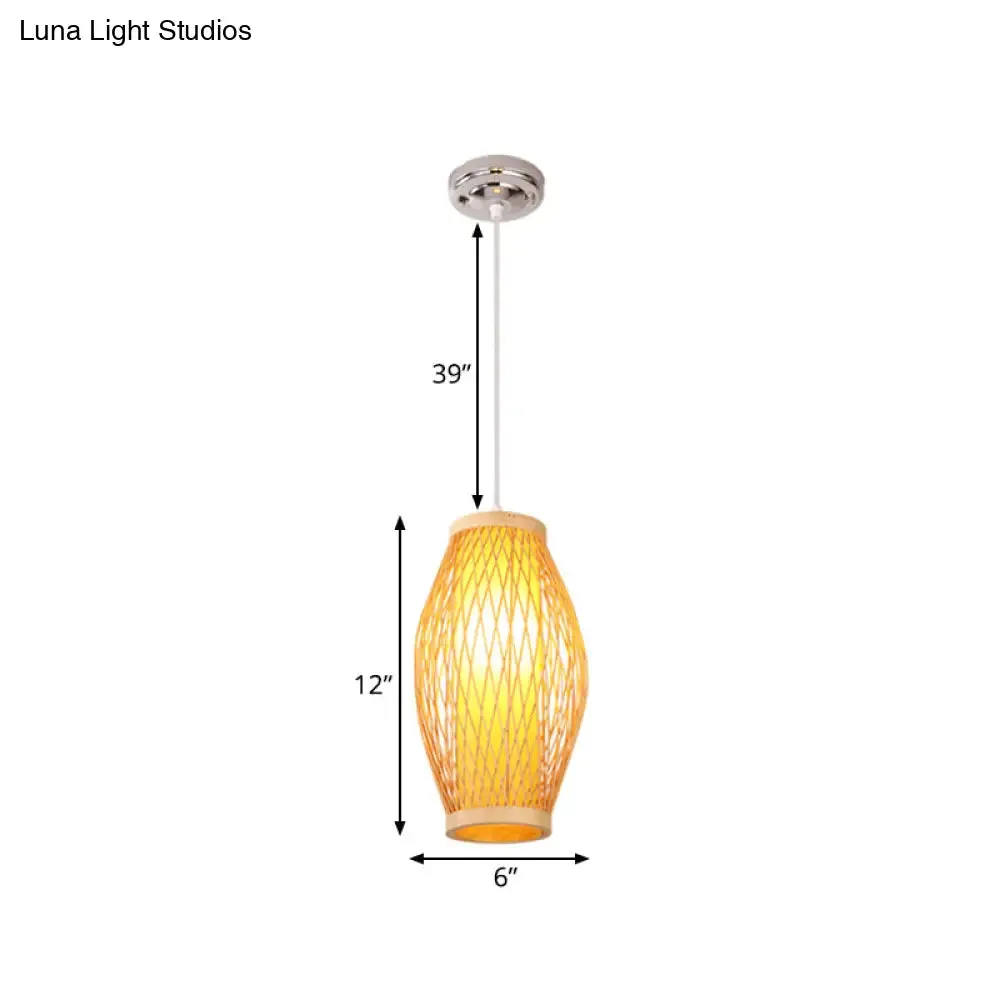 Modern Beige Cross Woven Pendant Hanging Light with Oval Shade - 1 Head Bamboo Pendant Lamp