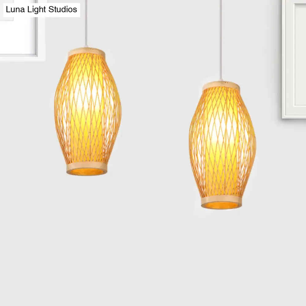 Modern Beige Cross Woven Pendant Hanging Light with Oval Shade - 1 Head Bamboo Pendant Lamp