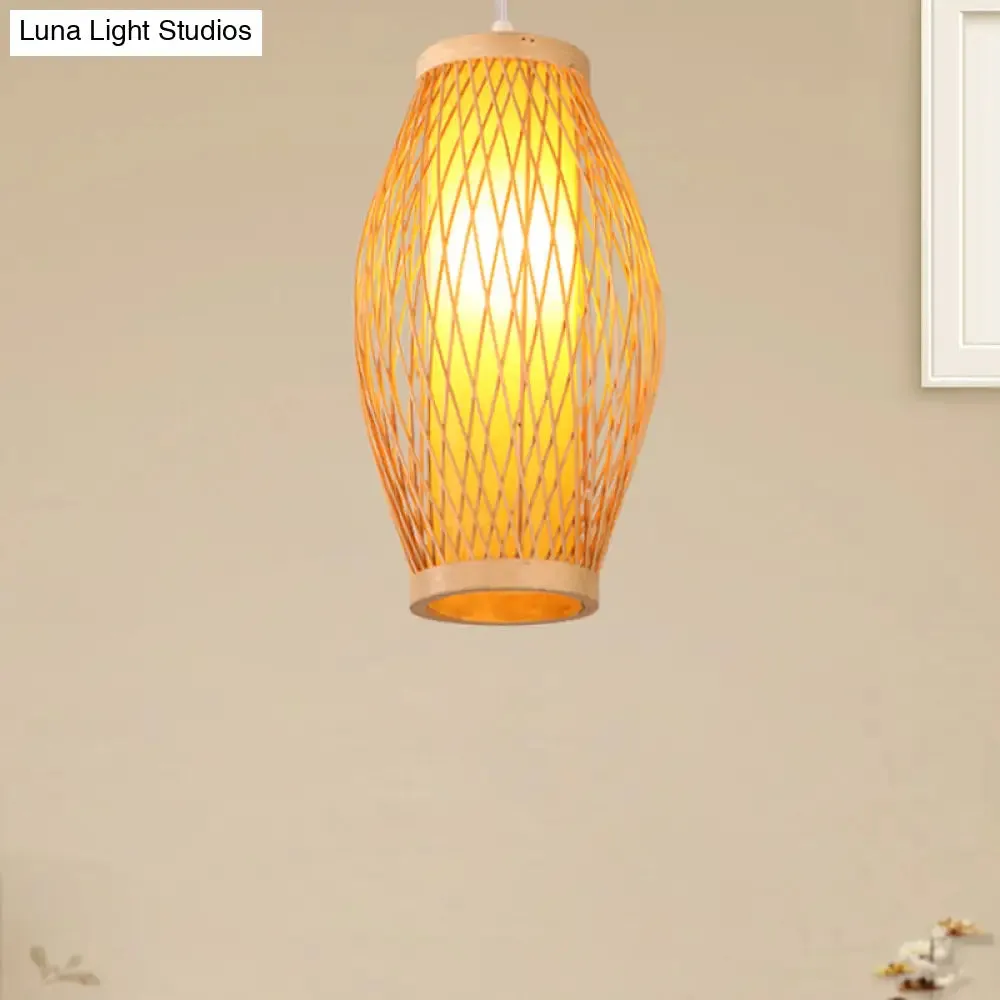 Modern Beige Cross Woven Pendant Hanging Light with Oval Shade - 1 Head Bamboo Pendant Lamp