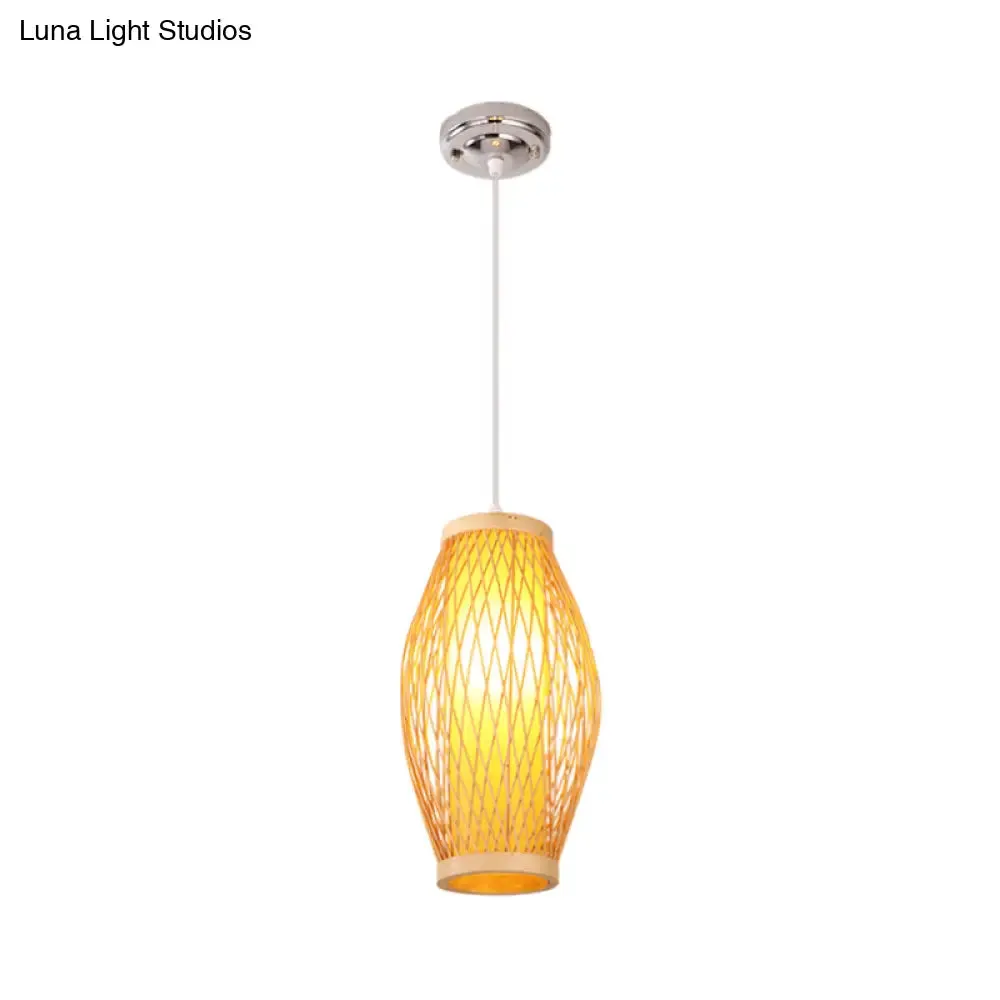 Modern Beige Cross Woven Pendant Hanging Light with Oval Shade - 1 Head Bamboo Pendant Lamp