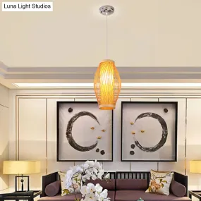 Modern Beige Cross Woven Pendant Hanging Light with Oval Shade - 1 Head Bamboo Pendant Lamp