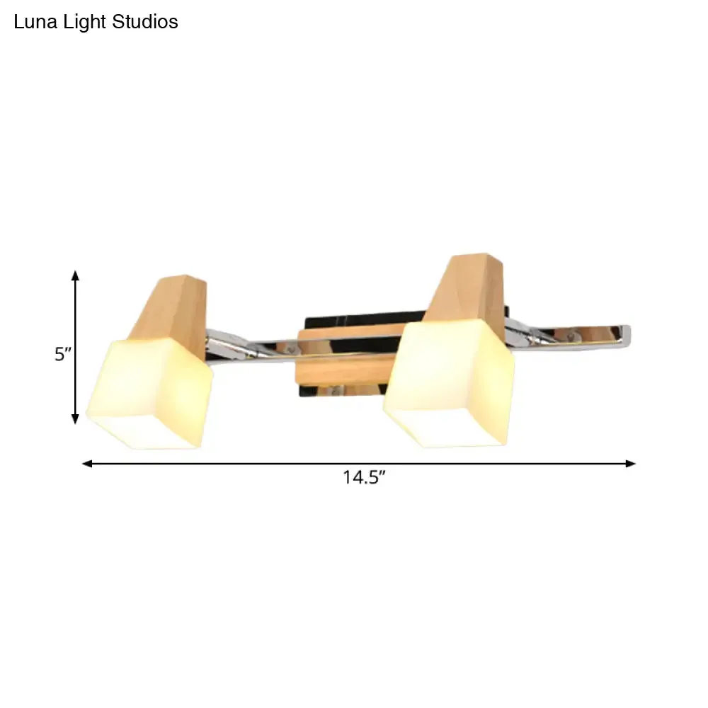 Modern Beige Cube Vanity Light Fixture with 2-Light Milk White Glass Shade, Wall Mount Lamp
