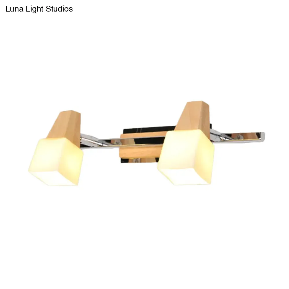 Modern Beige Cube Vanity Light Fixture with 2-Light Milk White Glass Shade, Wall Mount Lamp