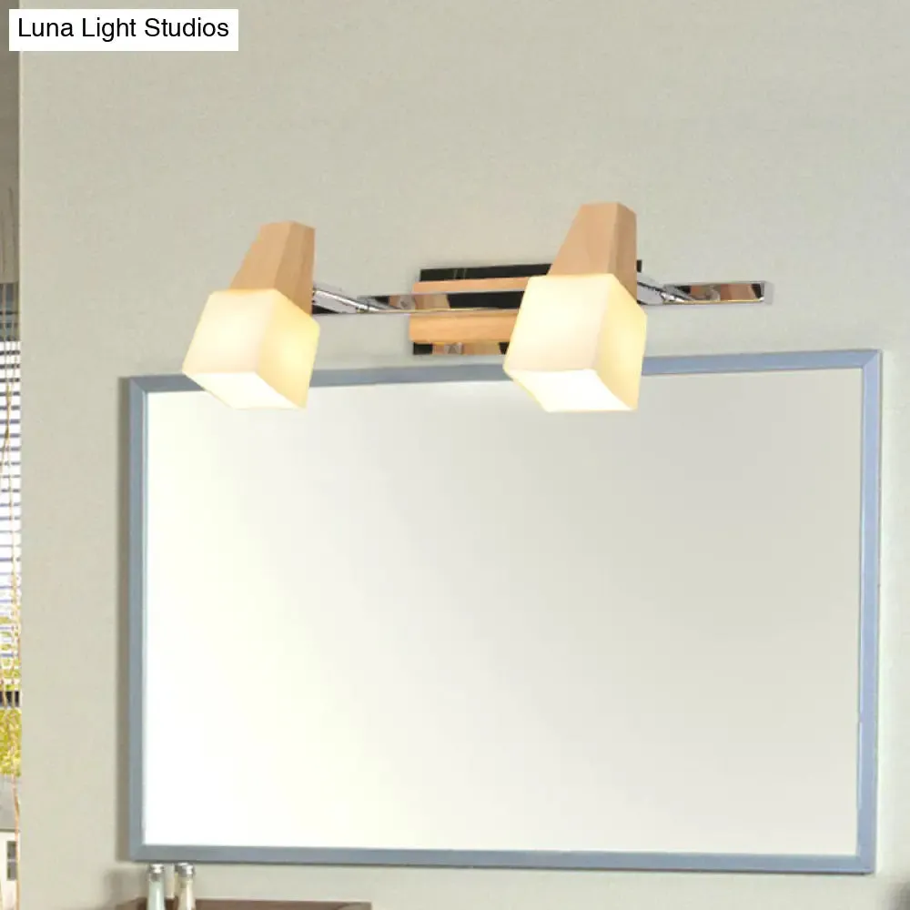 Modern Beige Cube Vanity Light Fixture with 2-Light Milk White Glass Shade, Wall Mount Lamp