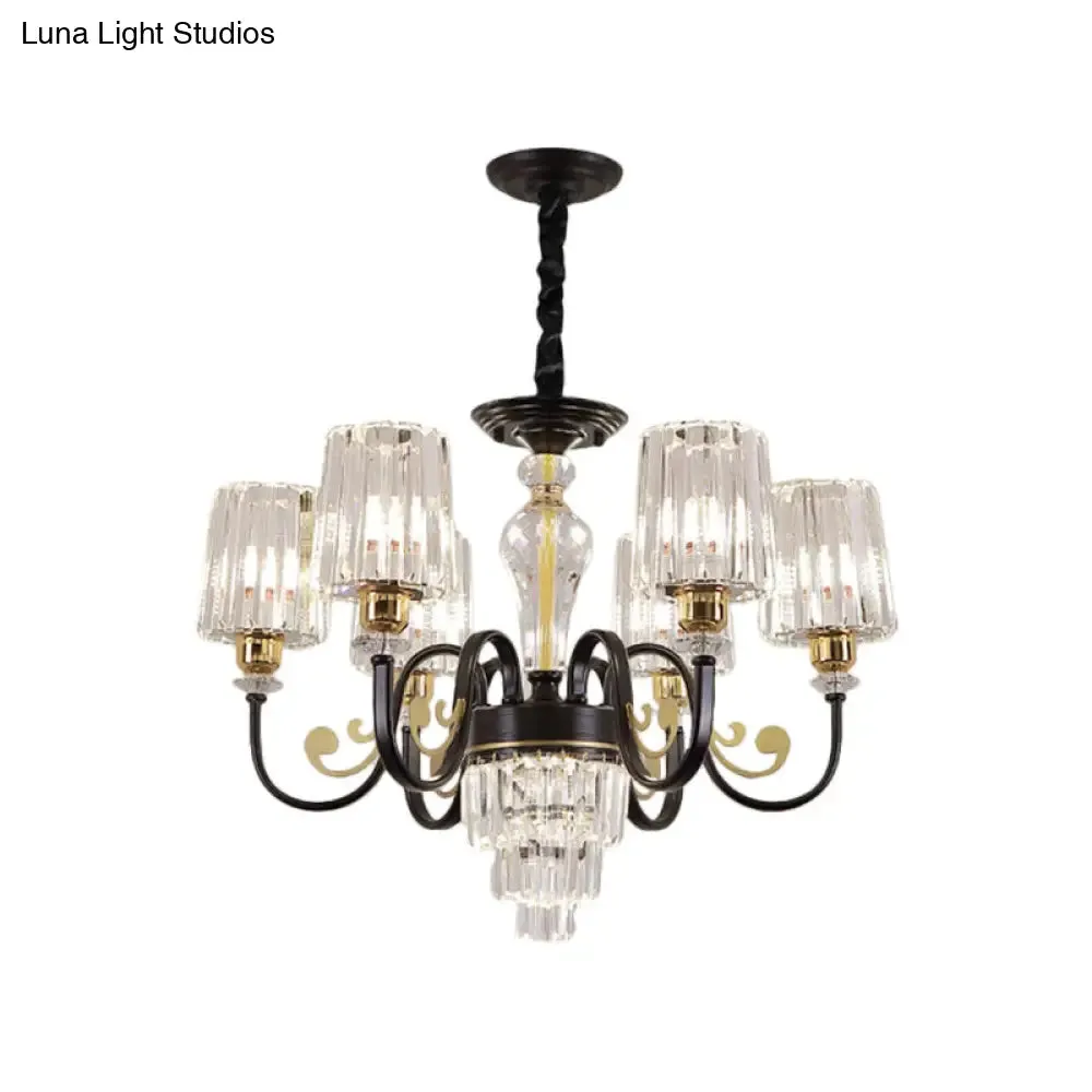 Modern Black 6-Head Chandelier with Clear Cylinder Shade - Sleek Metal Curvy Arms - Hanging Light Fixture