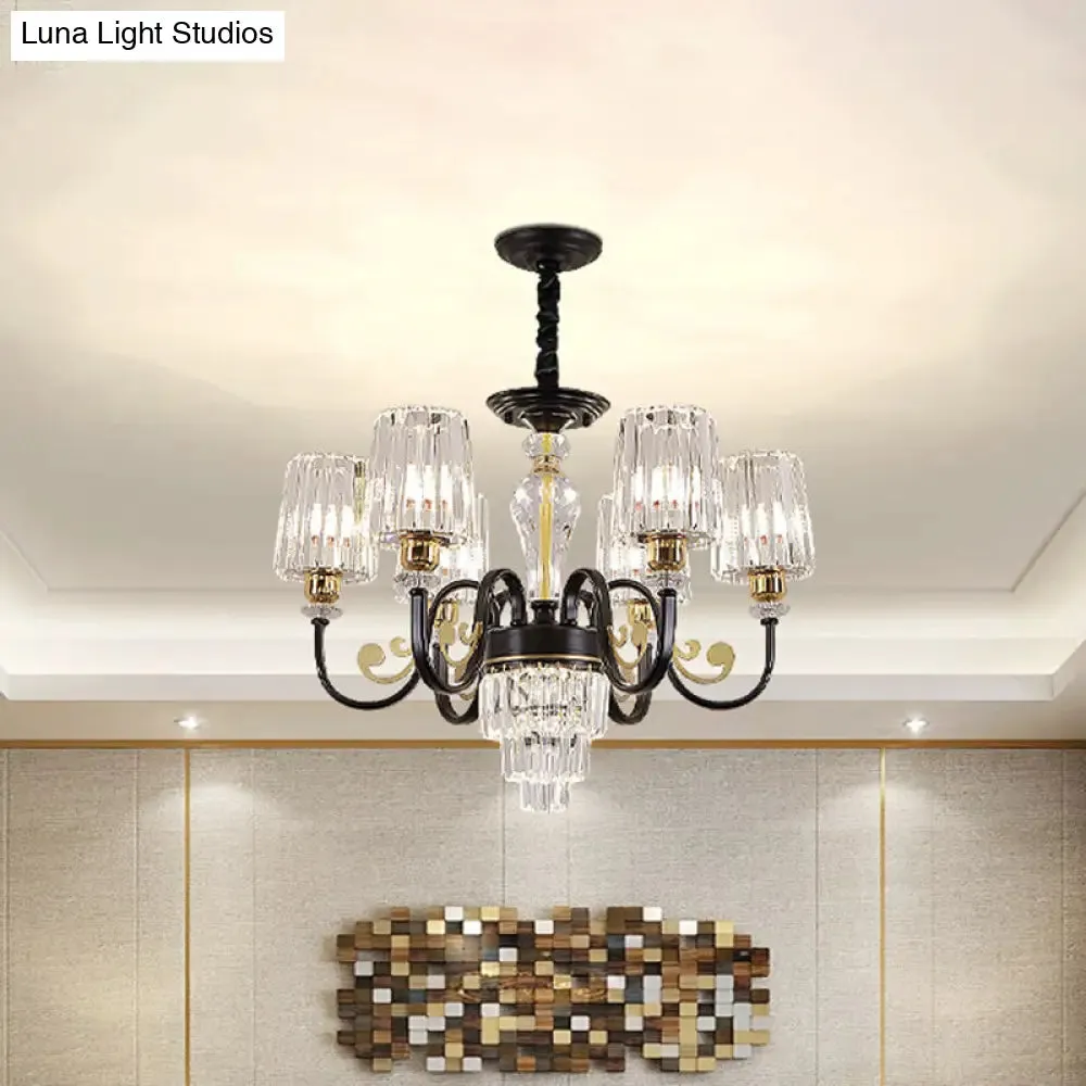 Modern Black 6-Head Chandelier with Clear Cylinder Shade - Sleek Metal Curvy Arms - Hanging Light Fixture