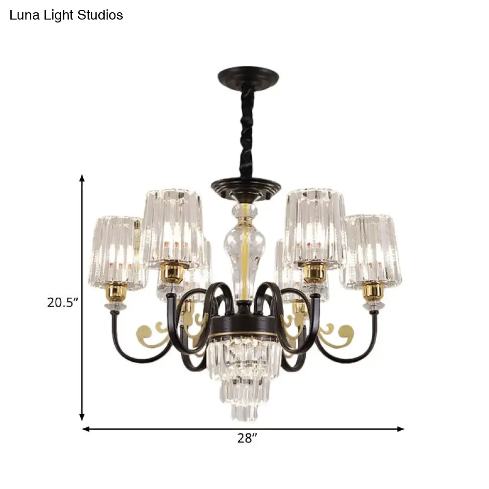 Modern Black 6-Head Chandelier with Clear Cylinder Shade - Sleek Metal Curvy Arms - Hanging Light Fixture